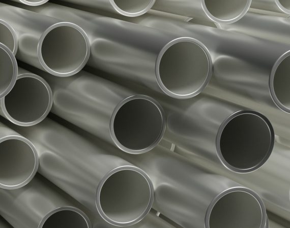 Pipes tubes steel metal, round profile, stacked full background. 3d illustration